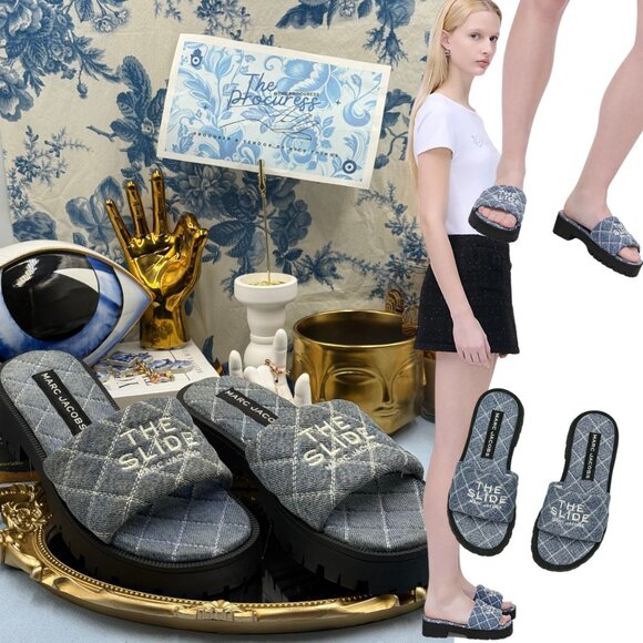 🆕 MARC JACOBS 🧿 NWOB The Quilted Denim Lug Sole Slide, Vintage Denim - Sz 8 - Picture 1 of 12
